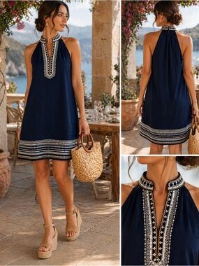 THML Navy Embroidered Halter Mini Dress Boho Resort Shift Sz S💚